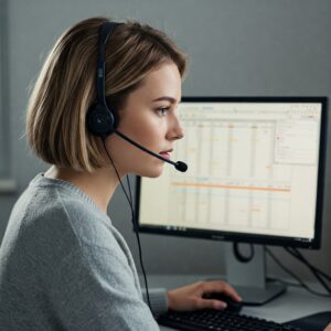 Eine Frau sitzt mit Headset am Schreibtisch.