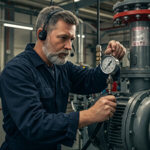 Ein Mann mit Headset prüft einen Motor in einer Werkhalle.