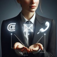 fotorealistisches Bild einer Frau im Business-Kostüm mit drei weißen Symbolen eines Briefumschlags, eines @-Zeichens und eines Telefonhörers über der geöffneten Hand Eine Frau hält drei Symbole für die Kontaktmöglichkeiten in ihren Händen.